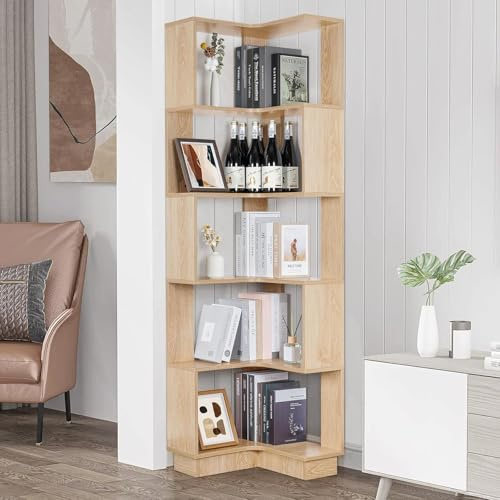Nisorpa 5 Tier Corner Bookcase Floor Standing, Wooden Corner Bookshelf Unit, Tall Corner Shelf Unit Display Cabinet for Living Room Bedroom Office