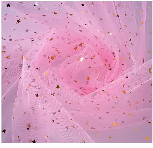 Pmnzdy Tüll Stoff 150cm x 5Yards Glitzer Tüllstoff Tüll Dekostoff Tüllband mit Stern Mond Pailletten Tüll Deko Stoffe Organza Tüllband Deko für Hochzeit Handwerk Kleidung Geschenk Rosa