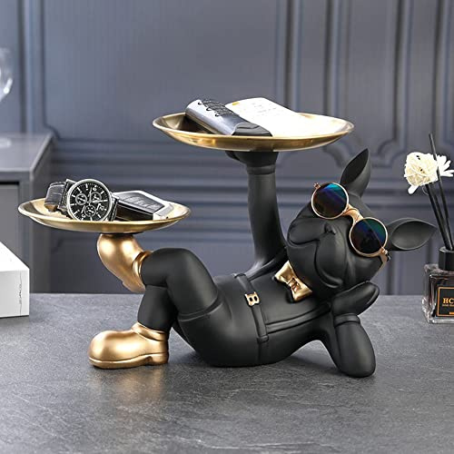 Starnearby Plateau Clé Entrée Statue Bouledogue Vide Poche, Bol Clé Entrée Bulldog Sculpture en Résine, Statue avec Plateaux, Plateau Rangement Clef, Bijoux, Décoration