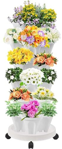 ZJTBDATG Jardinière Verticale à 6 Niveaux pour Fraises Empilable pour Herbes Et Légumes avec roulettes Mobiles Et Soucoupe Inférieure pour Intérieur Et Extérieur Fleurs Et Plantes,D,5pcs