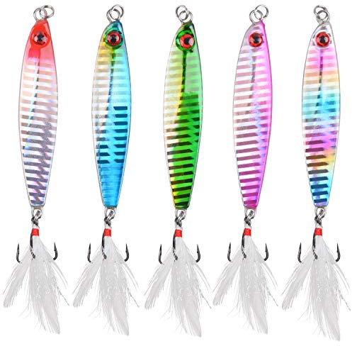 Cuillères de pêche en métal - Leurres de pêche à la traîne verticaux - Dimond long - Jigs de lancer en eau salée - Pour pêche au maquereau - Cuillères à la traîne pour bar et truite (40 g - 5 pièces)