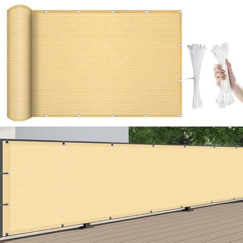 Balkon Sichtschutz Balkonabdeckung 400 x 200 cm Blickdichte Wind Uv-Schutz, Sonnenschutz Balkon-Verkleidung, mit Kabelbinder Und Kordel, für Camping Swimming Pool, Sandgelb