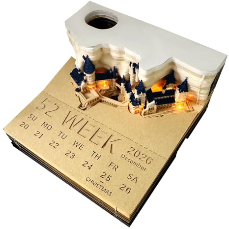 JOAASU Time Piece Calendar 2026, 2026 Desk Calendar with Led Lights, 3D Magic Castle Tear off Calendars, DIY Paper Carving 3D Paper Sculpture Weekly Calendars for Home Office Desktop Decoration