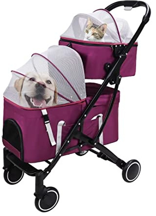 Abnehmbare Haustier-Trolley-Kinderwagen, Haustier- Doppelter separater Kabinenkorb for Hund und Katze, kleiner und mittelgroßer Haustierwagen, zusammenklappbarer Hundekinderwagen mit verstellbarer Mar