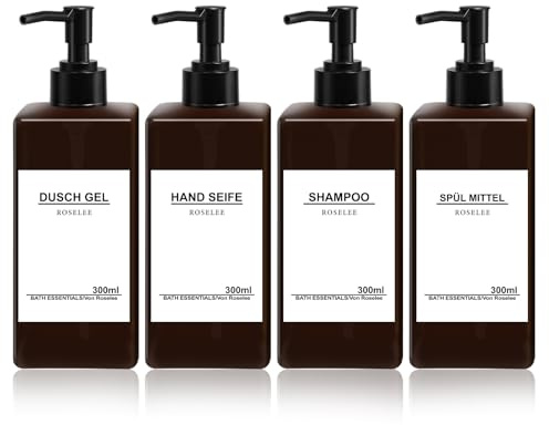 4er Seifenspender Set Braun, 300ml Seifenspender Dusche, Kunststoff Nachfüllbare Pumpspender mit Trichter und Wasserdichten Etiketten Vintage Shampoo Flaschen zum Befüllen für Küche Badezimmer Bad