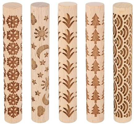 sourcing map 5pcs Wood Clay Roller 4 Water Wave Pattern Rolling Pins Wood Rollers Pottery Tools Wood Grain Texture Rollers for Clay Baking Dough Playdough DIY