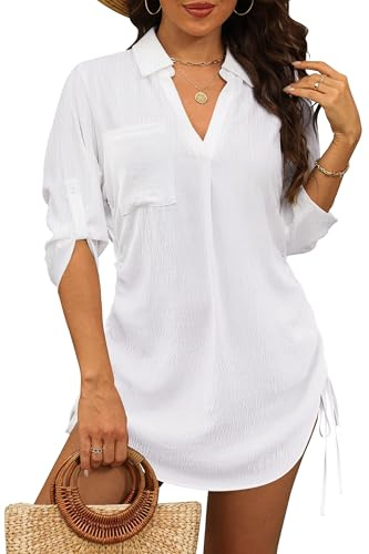 StylSense Damen Strandkleid Sommer Bikini Cover Up Badeanzug Sommerkleider Damen Leicht Strandponcho Bluse mit Tunnelzug (Weiß, S)