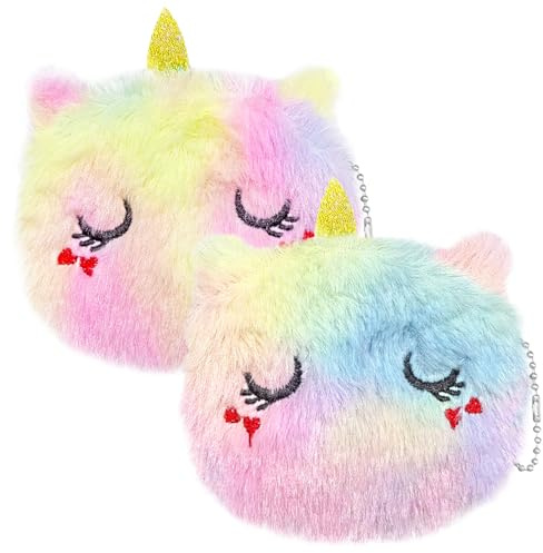2 Pcs Plush Coin Purse, Girl Small Coin Purse | Cute Cartoon Plush Coin Bag with Zipper | Small Coin Purses Lovely Princess Gift for Women Girls Kids (Squinting, Pink and Rose Red)