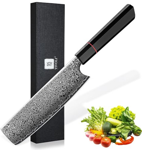 TIVOLI Damaszener Nakiri Messer - 7 Zoll Professionelles Handgeschmiedetes Kochmesser mit Ergonomischem Griff zum Schneiden und Hacken von Gemüse und Obst，Kommt mit Einer Schonen Geschenkbox