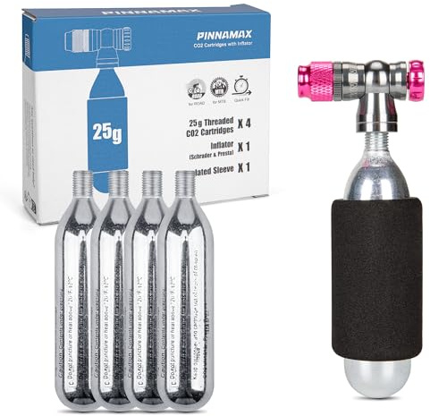PINNAMAX Set di pompe CO2 per bicicletta – Gonfiatore CO2 con cartuccia CO2 da 16 g/25 g, compatto, leggero, compatibile con valvole Presta & Schrader, perfetto per biciclette da corsa e MTB, con