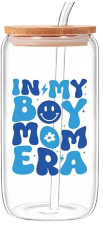 Cumnvulnt Boy Mom Era Iced Coffee Cup, 16oz Personalised Glass Cups with Lids and Straws, New Mom Gifts Boy Mama Gifts for Birthday, Christmas, Valentines Day