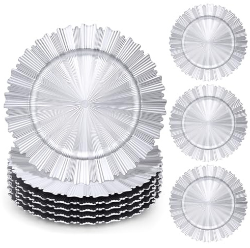 Etsutomy 6 Pcs Silver Charger Plates,13 Inch Elegant Fluted Edge Plastic Charger Plates Reusable Table Chargers for Dinner Birthday Wedding Party Bridal Showers Tableware Dishes Luxury Decor