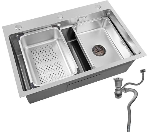 Fregadero Cocina 68 x 45cm con 1 seno en Acero Inoxidable, Fregadero Bajo Encimera o Sobre Encimera con Filtro de Drenaje (Plateado)