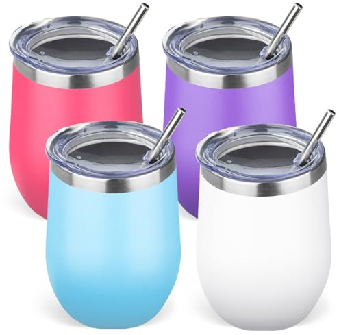GUDEMAO 12oz/4 Pack Stainless Steel Wine Tumbler with Lid and Straw, Double Wall Vacuum Insulated Wine Tumbler Glasses, Stemless Travel Mugs for Hot and Cold Drinks, Coffee, Wine, Cocktails