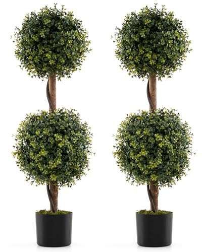 COSTWAY Artificial Boxwood Topiary Ball Tree, Ball Shaped Fake Plant with Cement-filled Plastic Pot, UV Resistant Faux Greenery Plants Decoration for Indoor Outdoor (2, 90CM, 2 Balls)