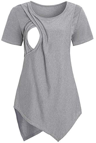 Camisa a cuadros para mujer que realza la figura de las mujeres de maternidad de manga corta irregulares Sham camiseta Top para lactancia elegante blusas señoras festivo, gris, M