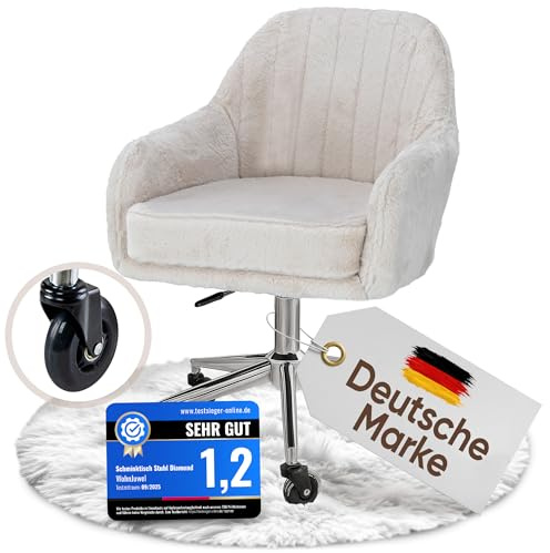 WohnJuwel Schminktisch Stuhl [höhenverstellbar] mit Gummirollen, Dickes Kissen [waschbares Kunstfell] - Drehstuhl Schminkstuhl Schminktischstuhl - Beige
