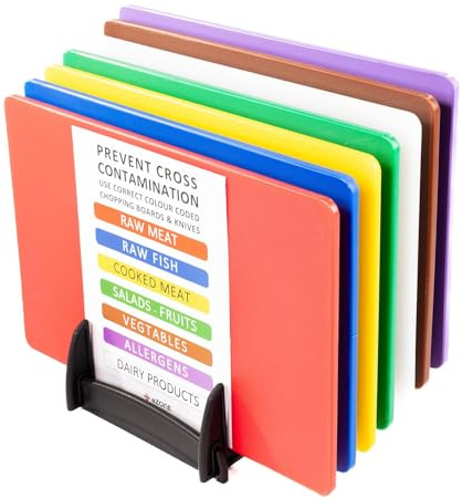 7X eZone Commercial Kitchen Chopping Boards 45x30cm Multi-Colour w/Rack & Chart