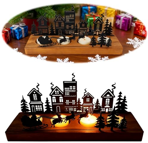 HUTRADE Adventskerzenhalter Länglich – Elegantes Adventsgesteck aus Metall und Holz mit Untersetzer, Platz für 4 Teelichter, Weihnachtsdeko für Wohnzimmer, Balkon und Esstisch (Ohne Kerzen)
