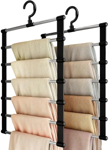 Vookkp 2Pcs Trouser Hangers Space Saving Black Metal Coat Pants Hangers with 360° Rotatable Hook 6-Tier Space Saver Trouser Rack Closet Organizer for Wardrobe Jeans Towels Ties Scarf Clothes Skirt