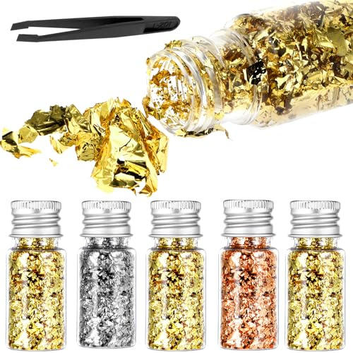 PEOVLVN 5 Stück Blattgold mit Pinzette Goldfolie Flocken Goldfolie Papier