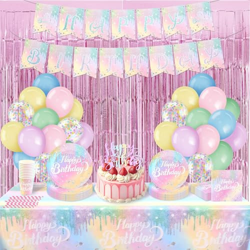 95Pcs Birthday Party Decorations Set | Macaron Pastel Tableware, Plates Cups Napkins Tablecloth, Pastel Balloons, Foil Fringe Curtains, Girls Women Party Decor
