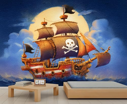 Piratenschiff-Tapete für Jungen, Totenkopf-Flagge, Kinder-Tapete, Cartoon-Wandbild für Mädchen, Schlafzimmer, Wohnzimmer, 450 x 300 cm