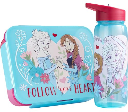 Get Trend Disney Frozen Fiambrera Niña y Botella 640 ml Set, Bento Box 1,75 L con Compartimentos, Apto Microondas y Lavavajillas, Sin BPA para Escuela y Ocio, Regalo Niña (Turquesa Frozen)