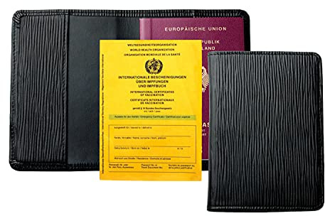 DELMON VARONE - Personalisierbare Reisepasshülle Premium Leder Schwarz - Schutzhülle Etui für Reisepass - Passport Einsteck-Hülle - Impfpasshülle Geschenk zu Weihnachten o. Geburtstag für Erwachsene