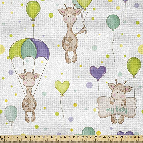 ABAKUHAUS Baby Stoff als Meterware, Infant Giraffen Fliegen, Microfaser Stoff für Dekoratives Basteln, 1M (230x100cm), Weiß Grün Lila