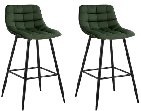 WOLTU barstolar set med 2 designerbarstolar diskstolar bistropallar med fotstöd sammet metall mörkgrön