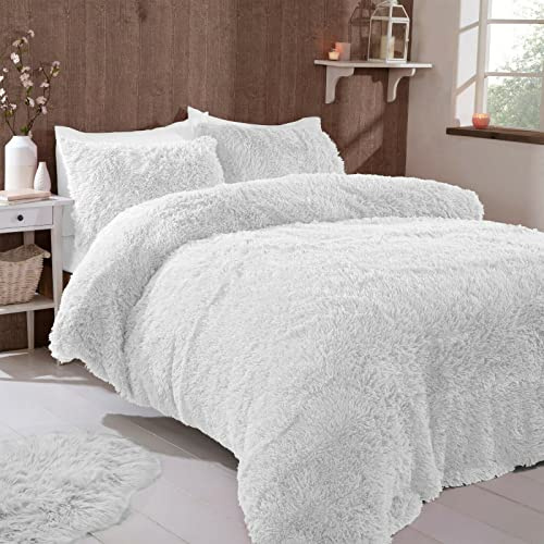 FAUX FUR SHAGGY Long Pile Face, Soft Touch Plush Fleece Reverse, Duvet Cover Set with Pillow Case Thermal Fluffy Winter Warm Cozy Cuddly Bedding Bed Set (White, Double)