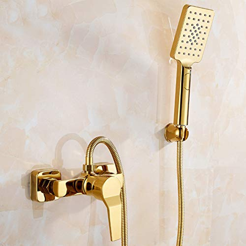 Grifo De Bañera Con Alcachofa De Mano, Latón Monomando Grifo Ducha, Mezclador Baño Y Ducha Con Manguera De Ducha De 1,5 M Y Soporte, Montaje En Pared, Dorado, Estilo Moderno