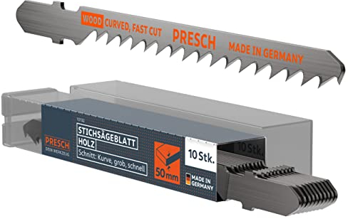 Presch Jigsaw Blades Wood 10 pcs. - Rapid, coarse Curved Cut (5-50mm) - Durable T-Shank Saw Blades for All jigsaws - Saw Blades for Construction Timber, softwood, MDF and Many More