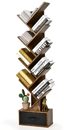 COSTWAY Tree Bookshelf, 10-Tiers Tall Floor Standing Wooden Bookcase Storage Shelving Unit, Narrow Magazine Book Display Rack for Living Room, Bedroom and Office (Rustic Brown, with Drawer)