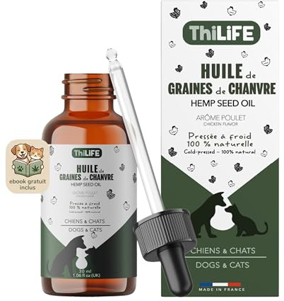 Thilife – Pflanzliches Öl für Erwachsene Hunde & Katzen – Huhn-Geschmack – Omega 3-6-9 & Vitamin E – Pipette zum Dosieren – Natürliches Ergänzungsfuttermittel – 30 ml