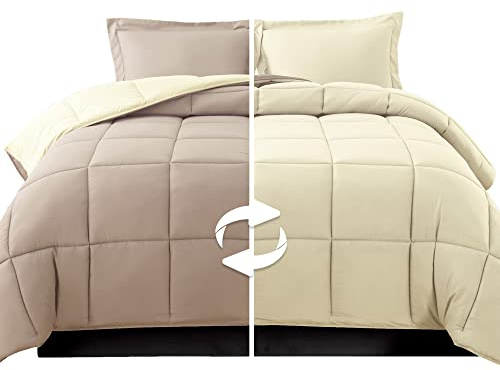Elegant Comfort 3-Piece Reversible Comforter Set, All Season Cozy, Soft Down Alternative, Quilted - Box Stitched - Duvet Insert with 4 Corner Tabs, Comforter with Shams, Twin, Linen/Ivory