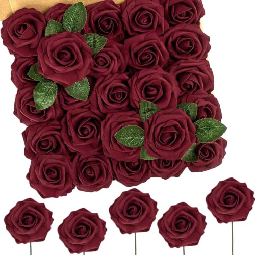 N&T NIETING Künstliche Rosen Blume, 50 Stück Fake Rosen mit Stielen | Wie Echte Blumen,Deko Blumen für DIY Hochzeit Blumensträuße Braut Zuhause Dekoration, Dunkelrot