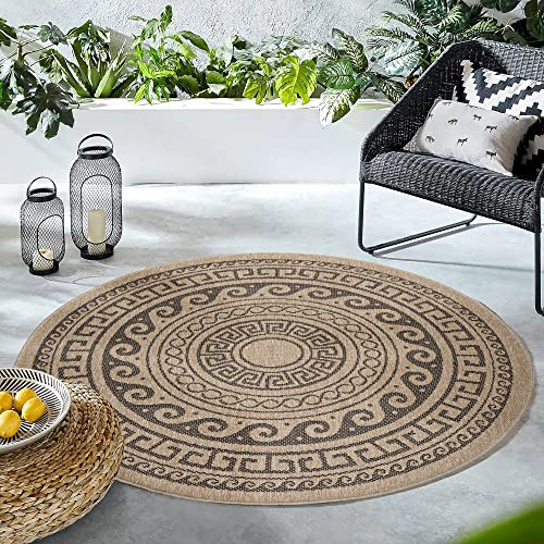 HomebyHome Runder In & Outdoor Teppich Natur 160 cm Wetterfest Sisal Optik Waschbar Wasserfest Flachgewebe Vintage für Balkon Terrasse Wohnzimmer