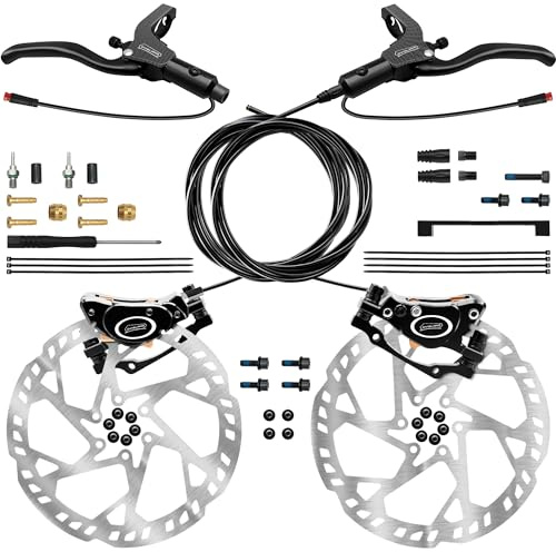DYISLAND E-Bike Kits de Freno de Disco hidráulico 4-Pistones/2-Pistones, 2-PIN/3-PIN Precargado con Aceite Mineral ，con 2 rotores de Freno de 180 mm(Negro/2-pistones/2-pines)