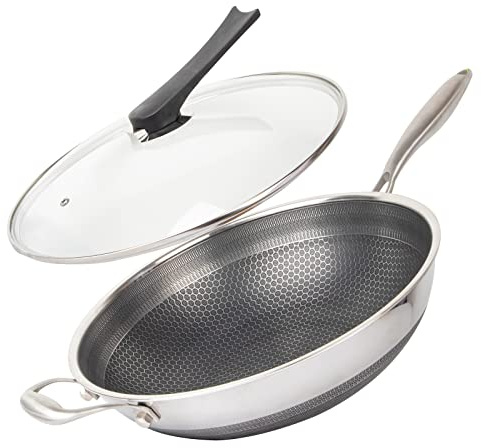 CATHYLIN 14 Honeycomb Non Stick Wok Pan Stainless Steel Stir-fry Wok with Lid,Skillet with Stay-cool Handle PFOA Free Suitable for Induction, Ceramic, Electric, and Gas Cooktops (Sliver, 14 Inches)