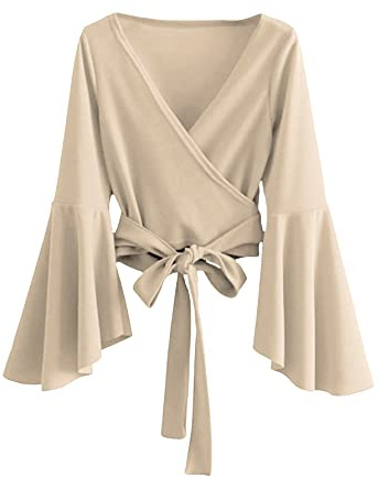 SweatyRocks Women's Long Sleeve V Neck Tie Knot Bandage Wrap Blouse Crop Top Solid Beige M
