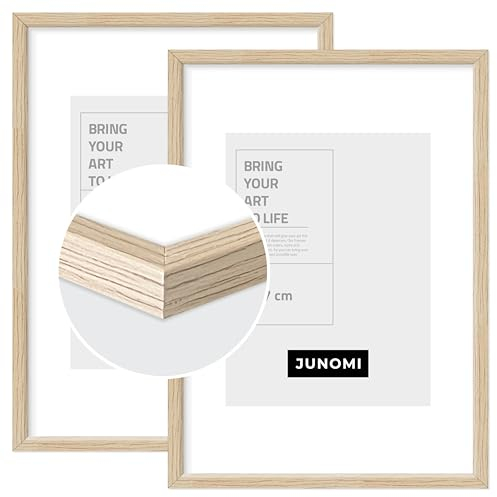 JUNOMI® 2er Set Bilderrahmen DIN A4 (21x29,7 cm) Holz | Farbe Eiche | Posterrahmen mit bruchsicherem Acrylglas | Hoch- & Querformat zur Wandmontage, schmales Profil