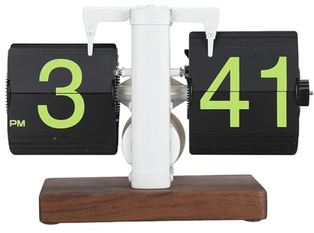 Numeri Grandi e Lisci e Orologio a Fogli Mobili Dal Design retrò con Base in Legno, Orologio Pieghevole Digitale, Orologio a Fogli Mobili Automatico (Pagina verde con cornice