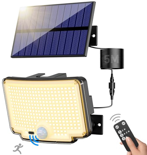 nipify Focos Exterior Solares,【318 LED/270°Iluminación】 Luz con Sensor de Movimiento, 6500K, IP65 Luz Solar Exterior Jardin Lampara Solar con Mando a Distancia para Jardín, Garajes, Blanco cálido