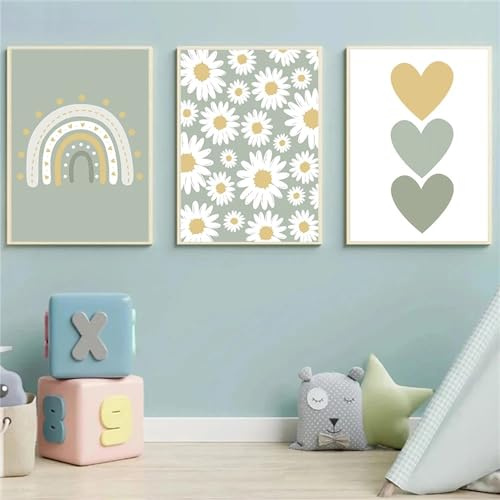 Ueiwffzo 3er Set Poster Kinderzimmer - Boho Gänseblümchen Regenbogen Wandbilder Deko, Leinwand Wandposter Ohne Rahmen (30x40cm)