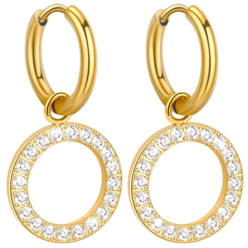 Ohrringe Gold Hängend, Hypoallergen Ohrringe Damen Gold Creolen mit Anhänger, Wasserfest Goldene Creolen 1,4cm Durchmesser Edelstahl Ohrring Geschenke für Frauen Valentinstag
