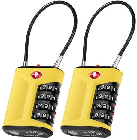 ZHEGE Luggage Locks TSA Approved, Lock with Warning Button (2P, Yellow) | Travel Lock, Flexible Cable Suitcase Padlock with White Numbers, 4 Digit Locks for Traveling Bags, Backpack, Tent, Lockers