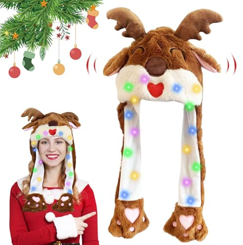 Weihnachtsmütze, Mütze mit Ohren, Weihnachtsmann Mützen, Nikolausmütze Plüsch, Mütze mit LED Lustiger Hut Kappe mit Beweglichen Ohren Kopfbedeckung,Wackelohr Mütze für Weihnachts Party Geburtstage
