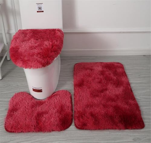 Lot de 3 tapis doux en microfibre bain – Tapis antidérapant pelucheux – Housse de siège toilette – Absorbant eau, lavable machine (rouge)